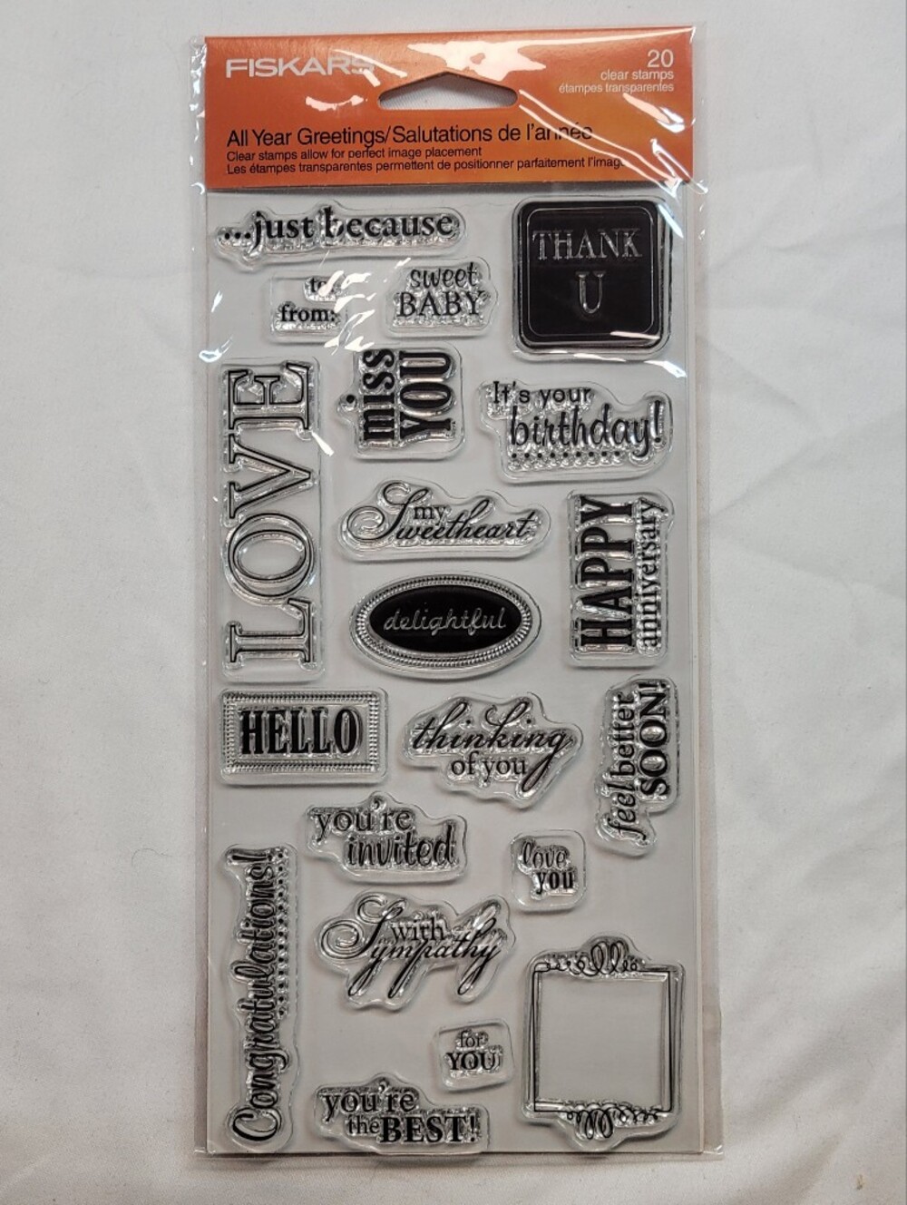 Fiskars All Year Greetings Clear Stamp Set 20 Stamps Sentiments Love Birthday